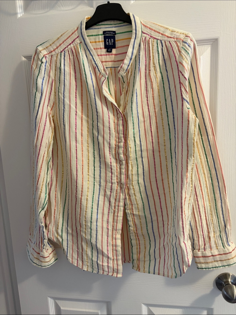 GAP Cream Button-Down Shirt with Multicolor Metallic Stripes